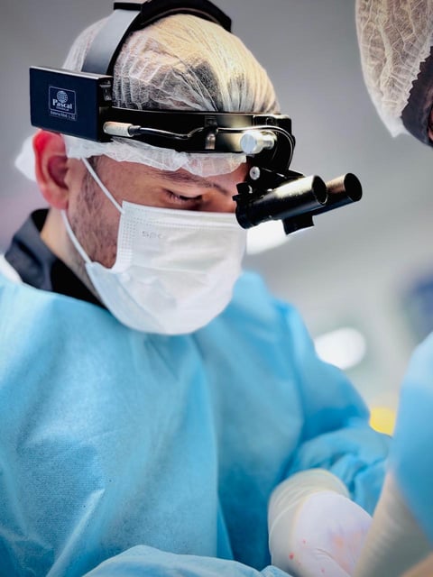 Surgeon wearing protective gear with surgical lights mounted on headgear during medical procedure